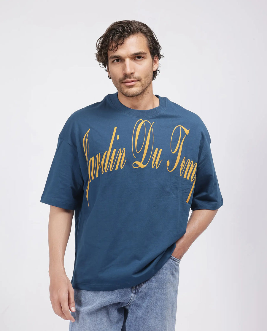 Rare Rabbit Men's Tempe Petrol Cotton Graphic Print Oversized Fit Half Sleeve Crew Neck T-Shirt
