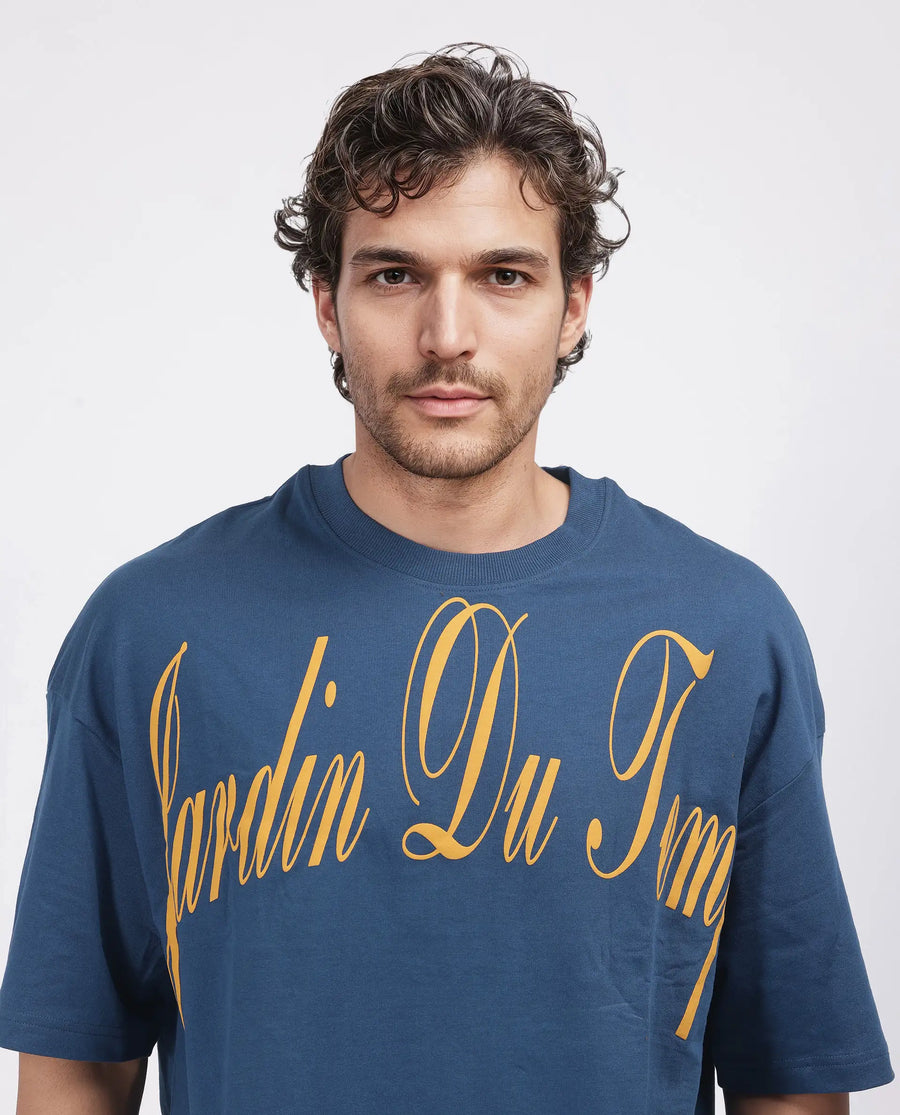 Rare Rabbit Men's Tempe Petrol Cotton Graphic Print Oversized Fit Half Sleeve Crew Neck T-Shirt