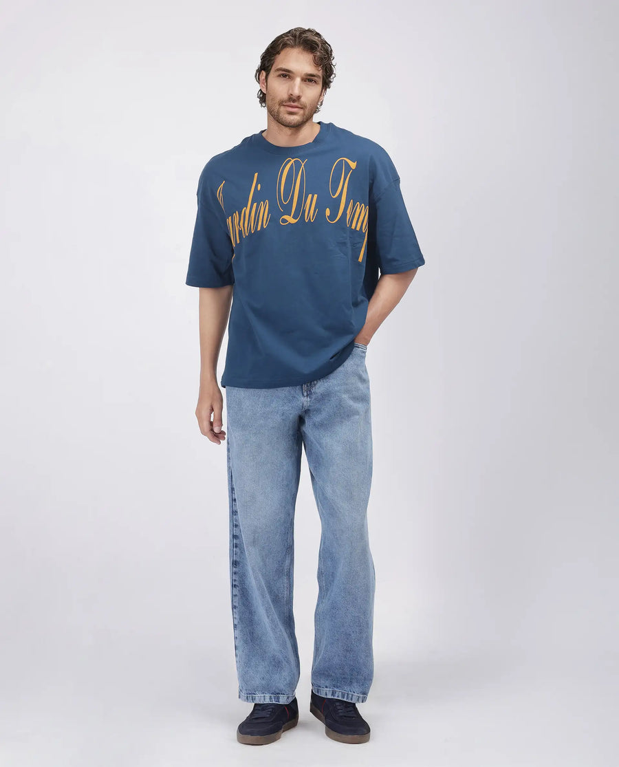 Rare Rabbit Men's Tempe Petrol Cotton Graphic Print Oversized Fit Half Sleeve Crew Neck T-Shirt