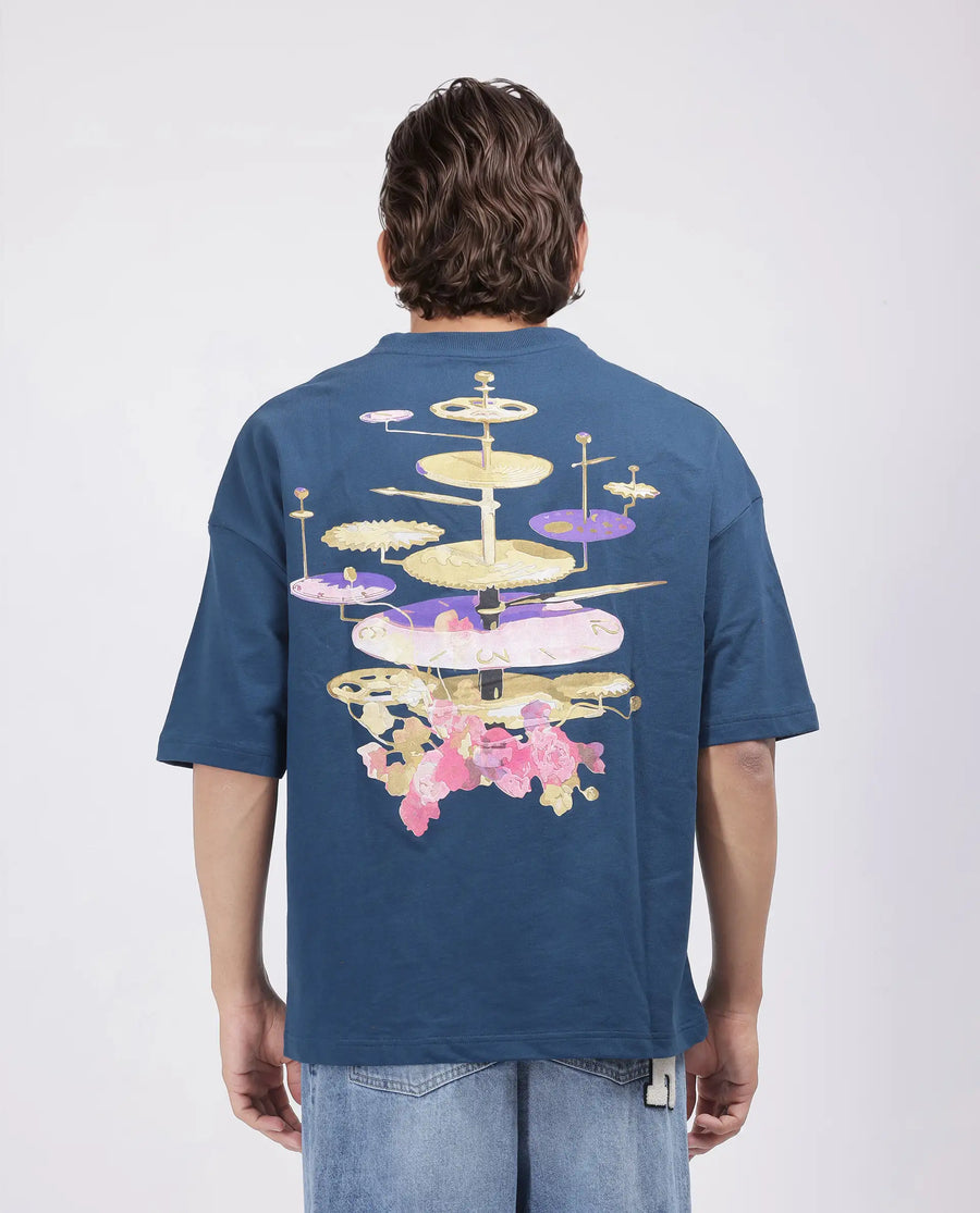Rare Rabbit Men's Tempe Petrol Cotton Graphic Print Oversized Fit Half Sleeve Crew Neck T-Shirt