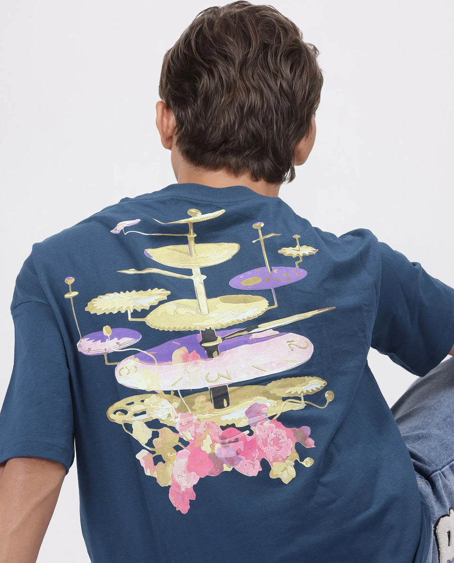 Rare Rabbit Men's Tempe Petrol Cotton Graphic Print Oversized Fit Half Sleeve Crew Neck T-Shirt