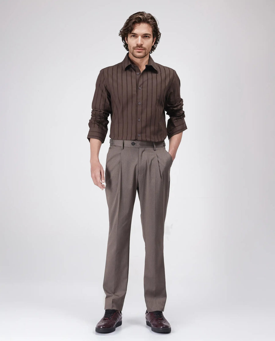 Rare Rabbit Men's Tener Dark Brown Cotton Blend Striped Print Relaxed Fit Full Sleeve Collared Shirt