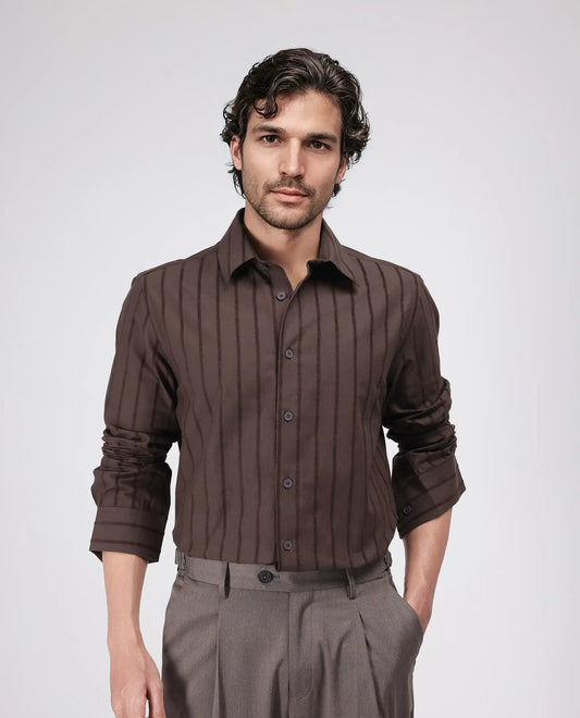 Rare Rabbit Men's Tener Dark Brown Cotton Blend Striped Print Relaxed Fit Full Sleeve Collared Shirt