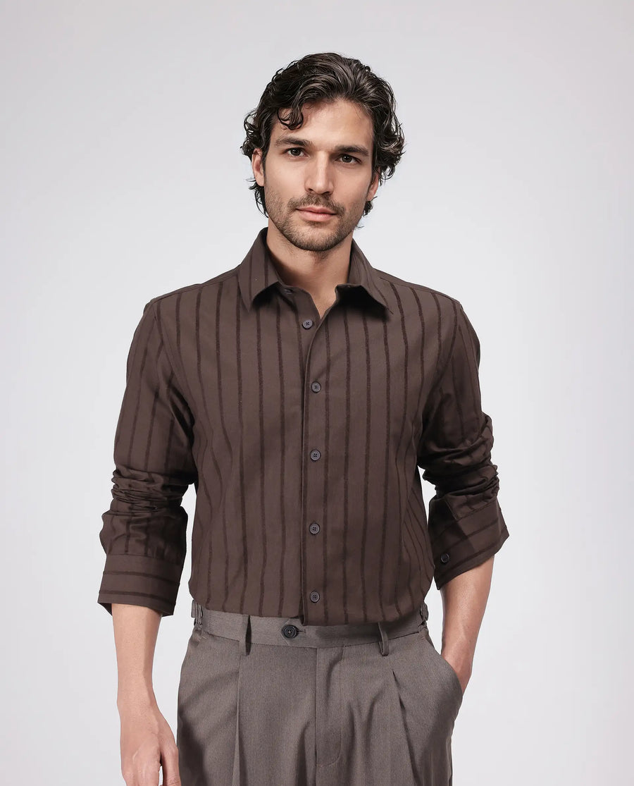 Rare Rabbit Men's Tener Dark Brown Cotton Blend Striped Print Relaxed Fit Full Sleeve Collared Shirt