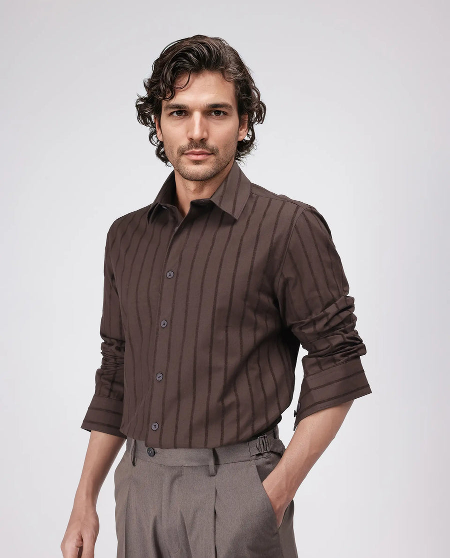 Rare Rabbit Men's Tener Dark Brown Cotton Blend Striped Print Relaxed Fit Full Sleeve Collared Shirt