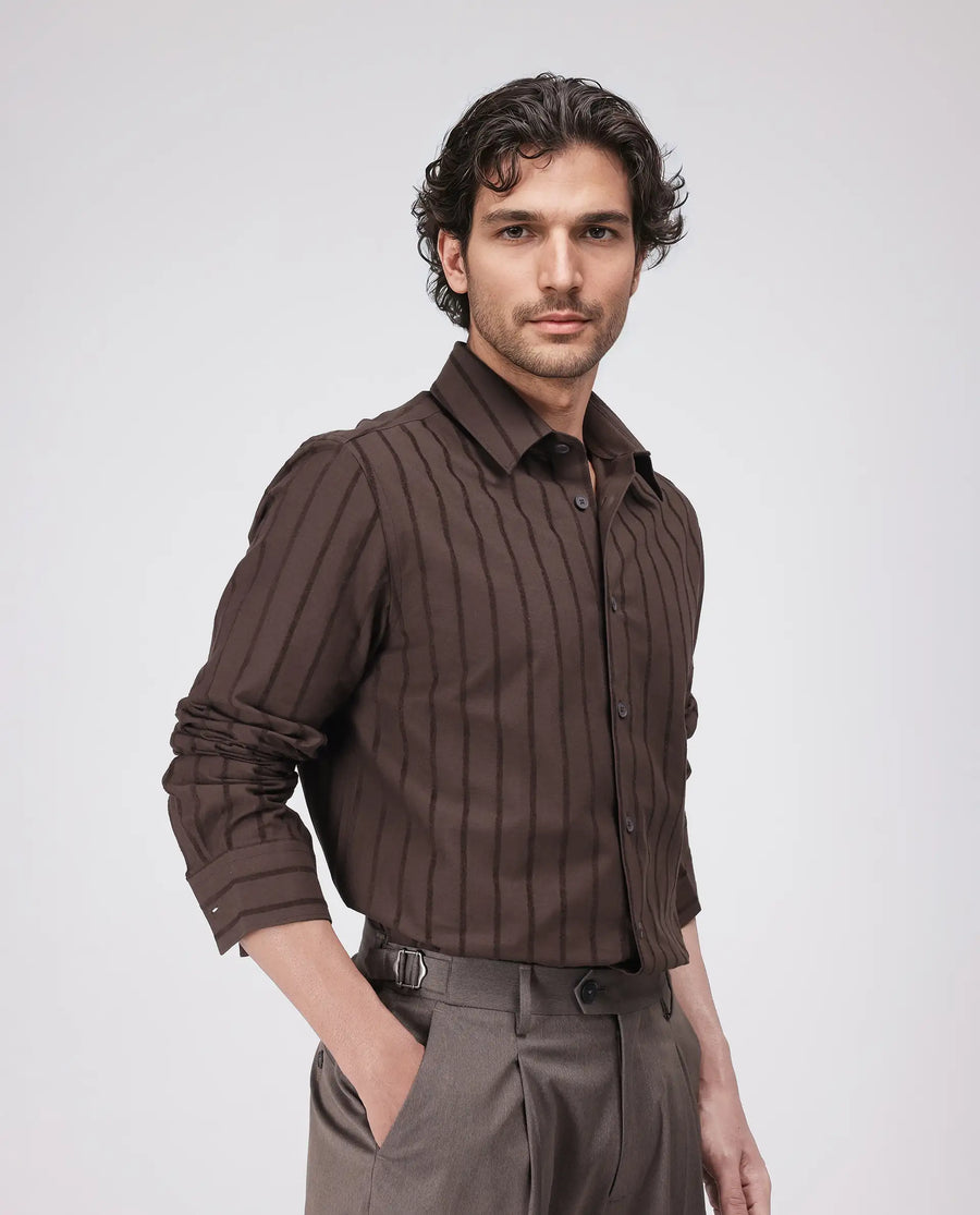 Rare Rabbit Men's Tener Dark Brown Cotton Blend Striped Print Relaxed Fit Full Sleeve Collared Shirt