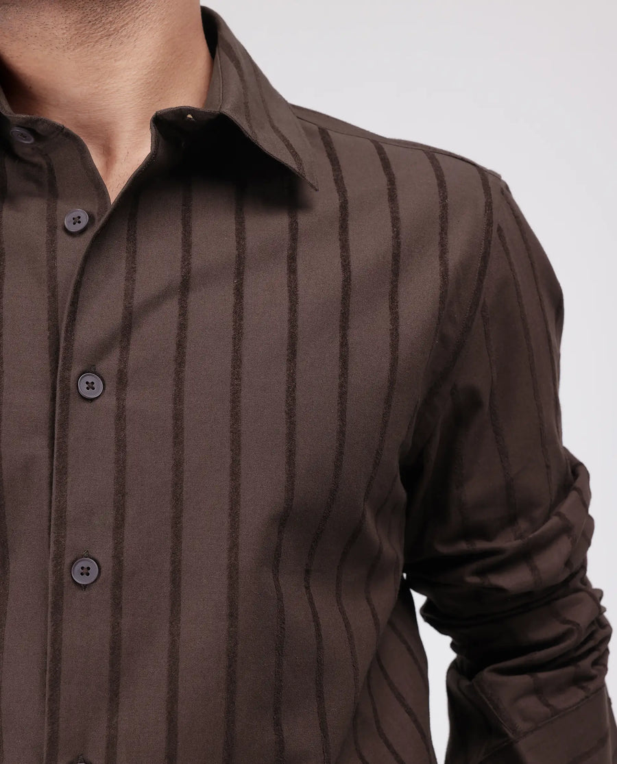 Rare Rabbit Men's Tener Dark Brown Cotton Blend Striped Print Relaxed Fit Full Sleeve Collared Shirt
