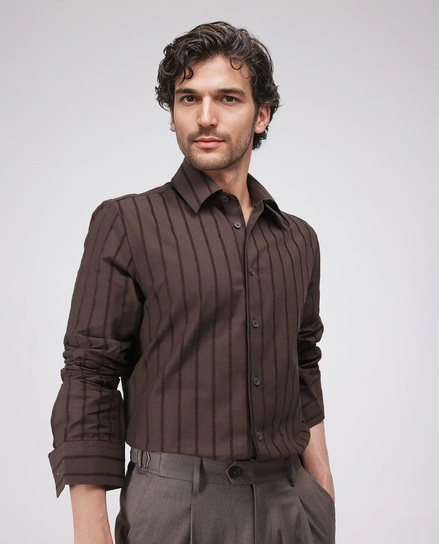 Rare Rabbit Men's Tener Dark Brown Cotton Blend Striped Print Relaxed Fit Full Sleeve Collared Shirt