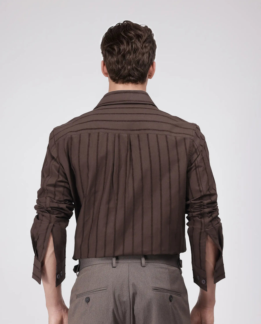 Rare Rabbit Men's Tener Dark Brown Cotton Blend Striped Print Relaxed Fit Full Sleeve Collared Shirt