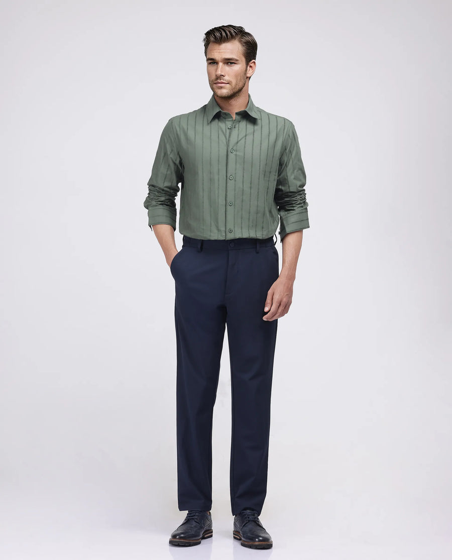 Rare Rabbit Men's Tener Dark Green Cotton Blend Striped Print Relaxed Fit Full Sleeve Collared Shirt