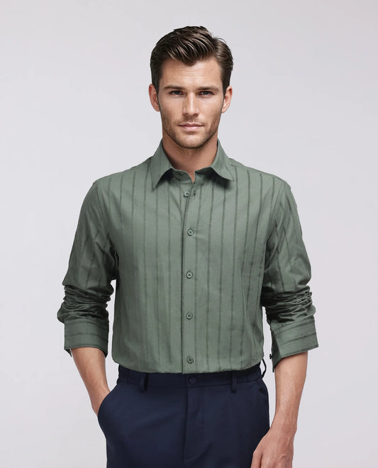 Rare Rabbit Men's Tener Dark Green Cotton Blend Striped Print Relaxed Fit Full Sleeve Collared Shirt