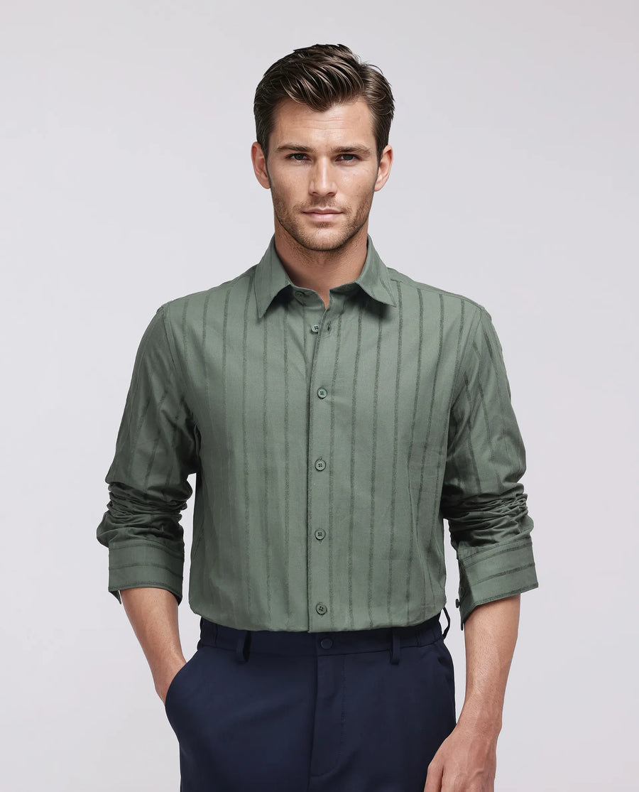 Rare Rabbit Men's Tener Dark Green Cotton Blend Striped Print Relaxed Fit Full Sleeve Collared Shirt