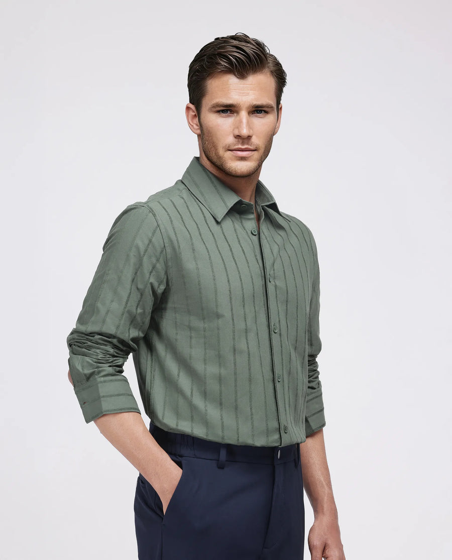 Rare Rabbit Men's Tener Dark Green Cotton Blend Striped Print Relaxed Fit Full Sleeve Collared Shirt