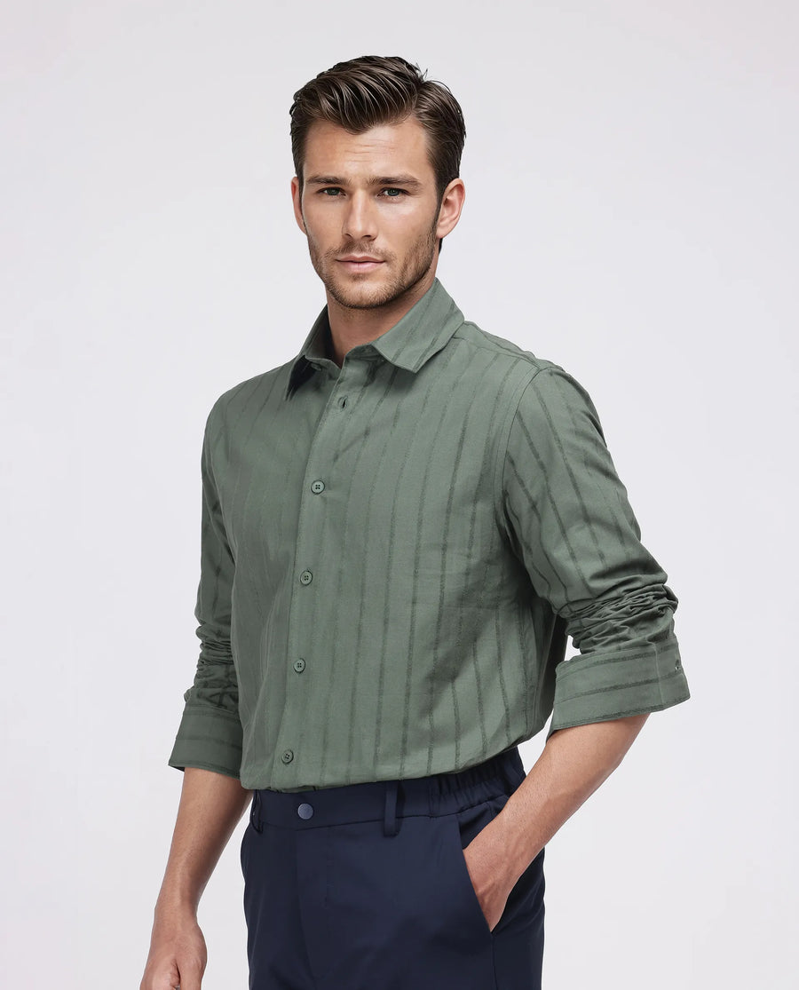 Rare Rabbit Men's Tener Dark Green Cotton Blend Striped Print Relaxed Fit Full Sleeve Collared Shirt