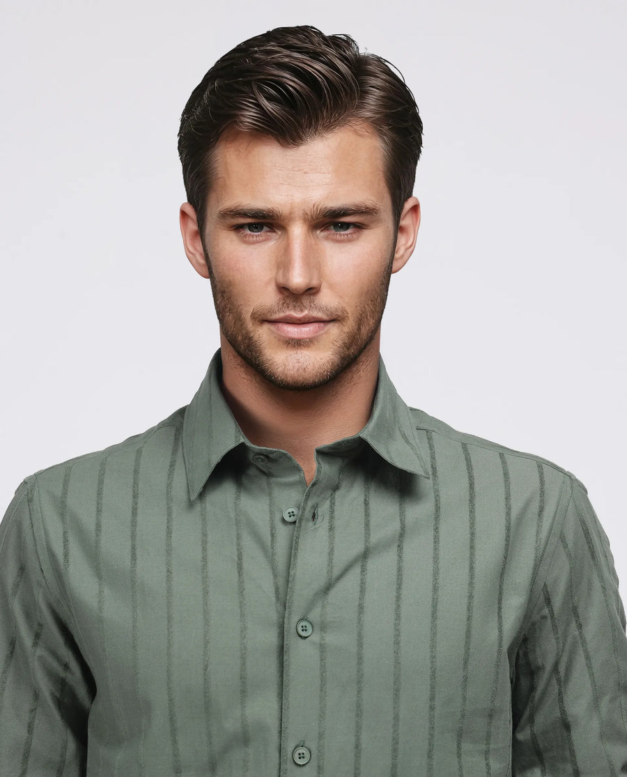 Rare Rabbit Men's Tener Dark Green Cotton Blend Striped Print Relaxed Fit Full Sleeve Collared Shirt