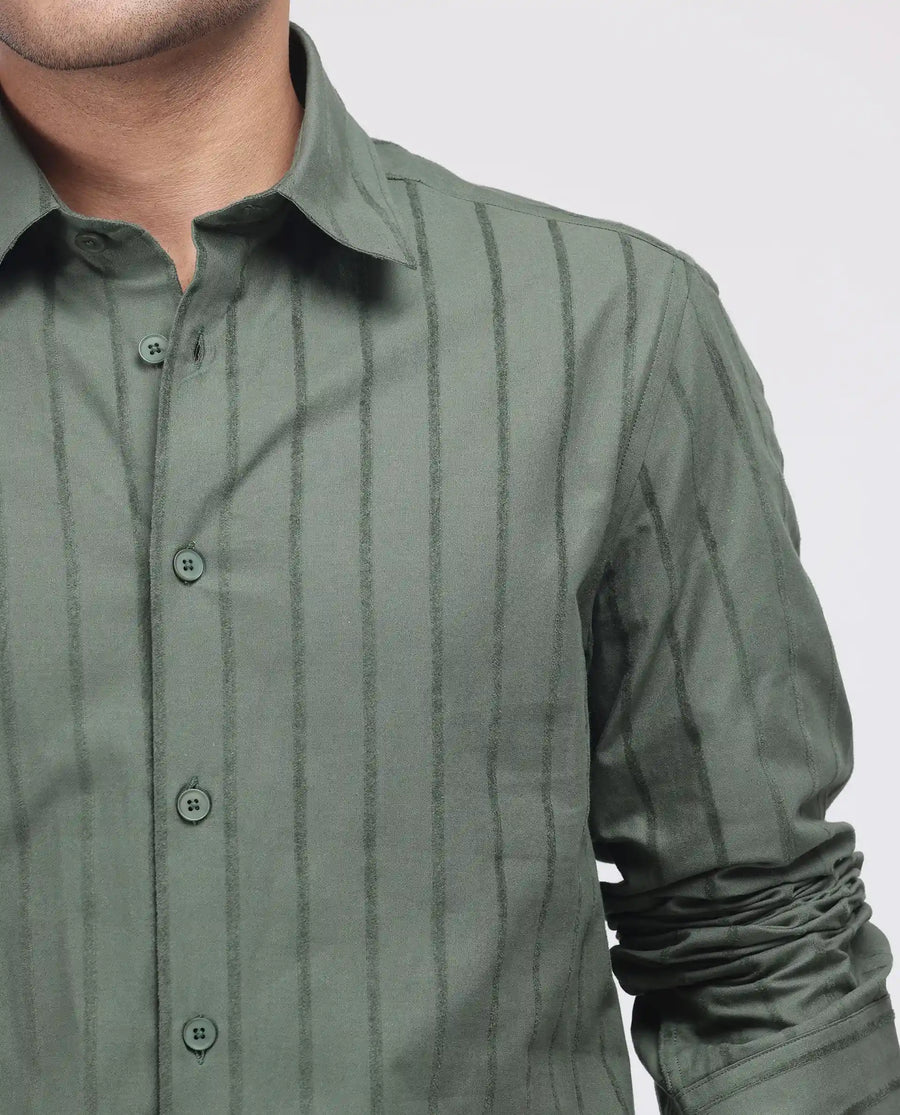 Rare Rabbit Men's Tener Dark Green Cotton Blend Striped Print Relaxed Fit Full Sleeve Collared Shirt