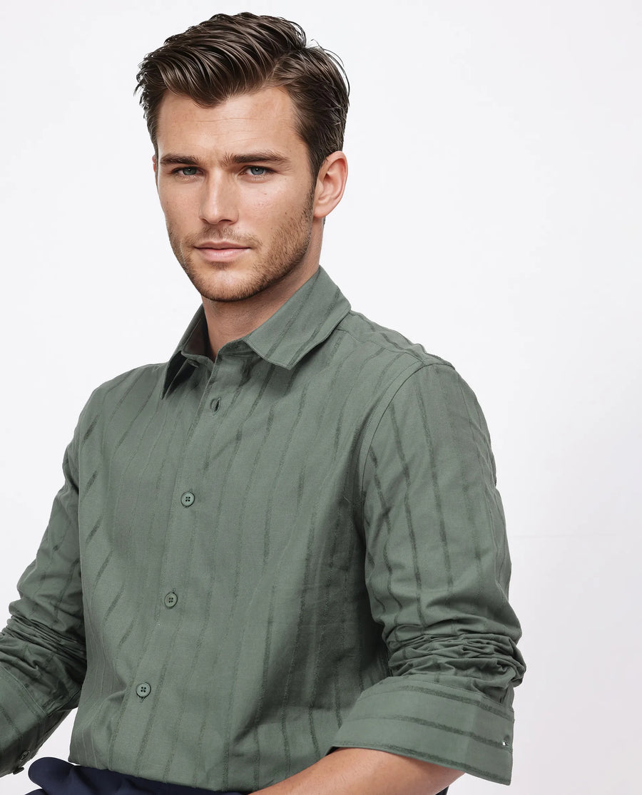 Rare Rabbit Men's Tener Dark Green Cotton Blend Striped Print Relaxed Fit Full Sleeve Collared Shirt