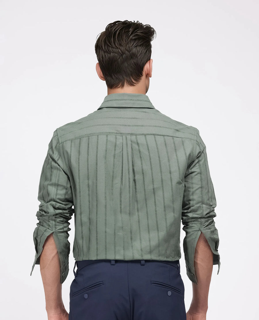 Rare Rabbit Men's Tener Dark Green Cotton Blend Striped Print Relaxed Fit Full Sleeve Collared Shirt