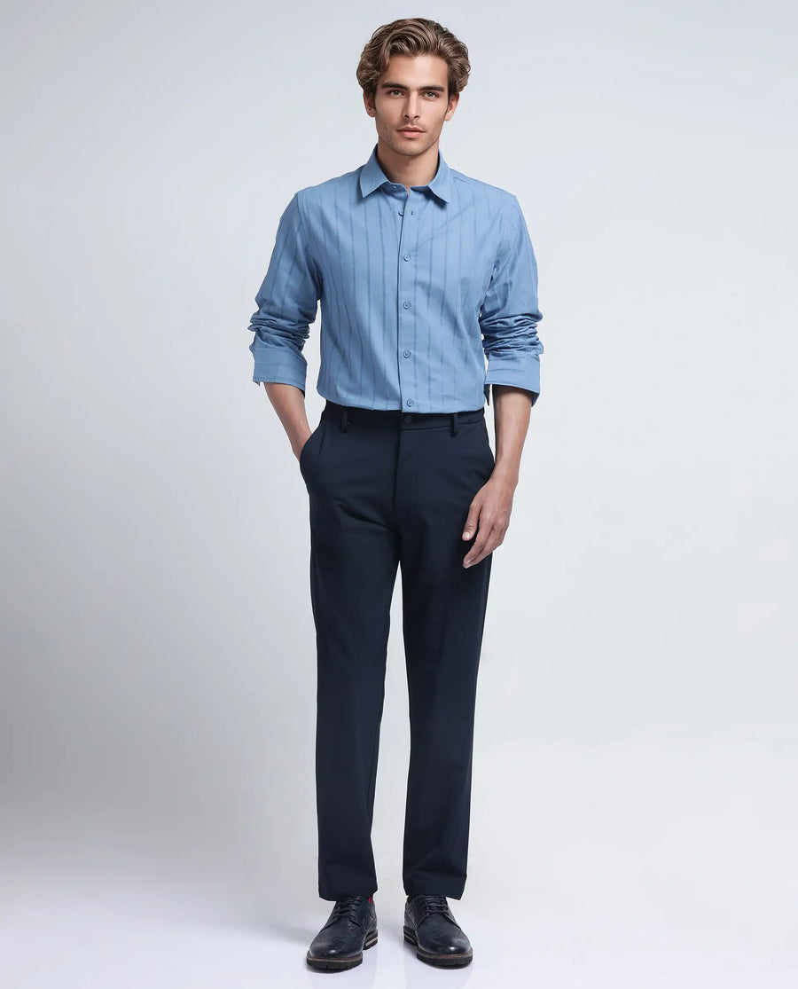 Rare Rabbit Men's Tener Dusky Blue Cotton Blend Striped Print Relaxed Fit Full Sleeve Collared Shirt