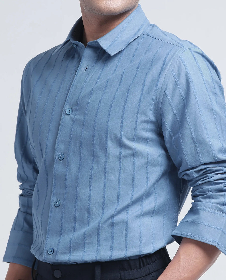 Rare Rabbit Men's Tener Dusky Blue Cotton Blend Striped Print Relaxed Fit Full Sleeve Collared Shirt