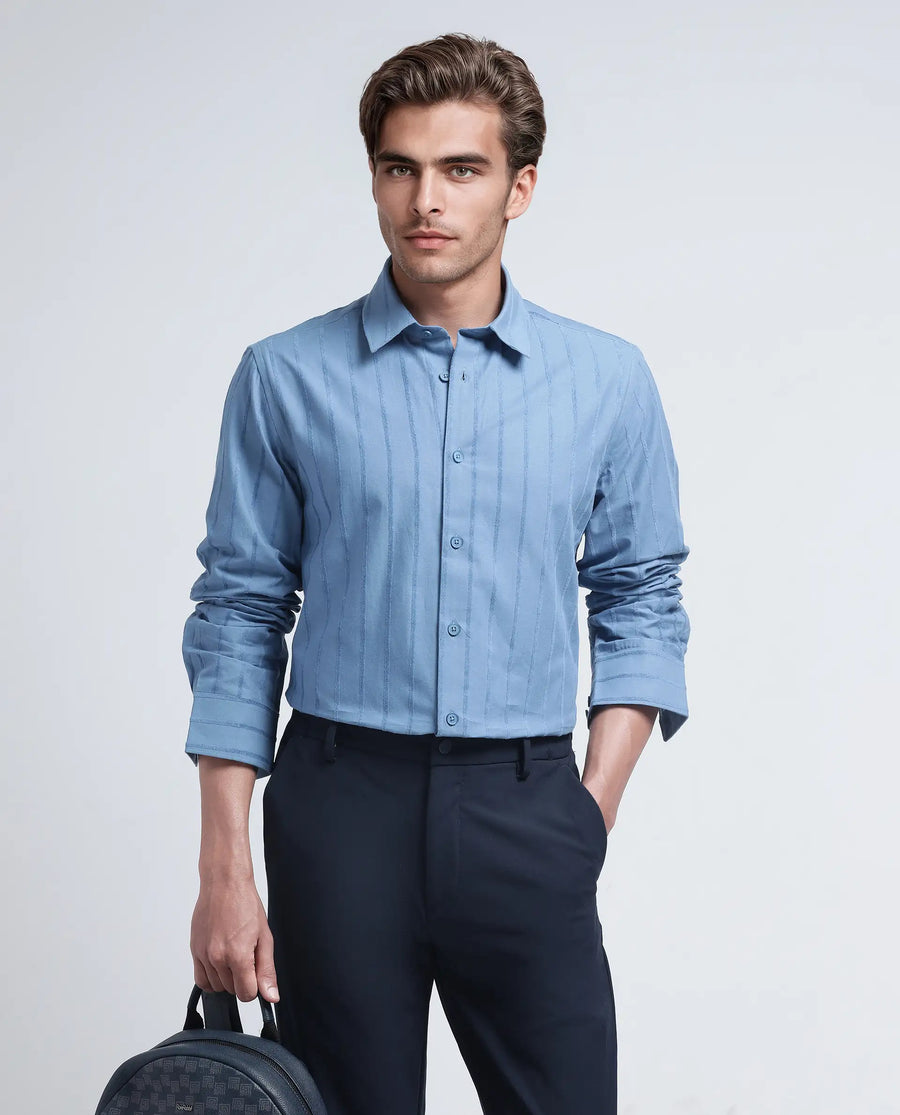 Rare Rabbit Men's Tener Dusky Blue Cotton Blend Striped Print Relaxed Fit Full Sleeve Collared Shirt