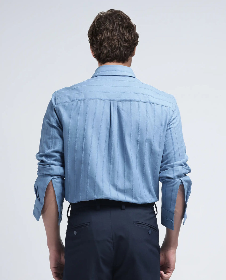 Rare Rabbit Men's Tener Dusky Blue Cotton Blend Striped Print Relaxed Fit Full Sleeve Collared Shirt