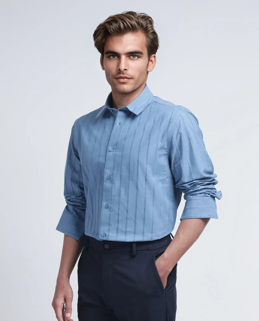 Rare Rabbit Men's Tener Dusky Blue Cotton Blend Striped Print Relaxed Fit Full Sleeve Collared Shirt