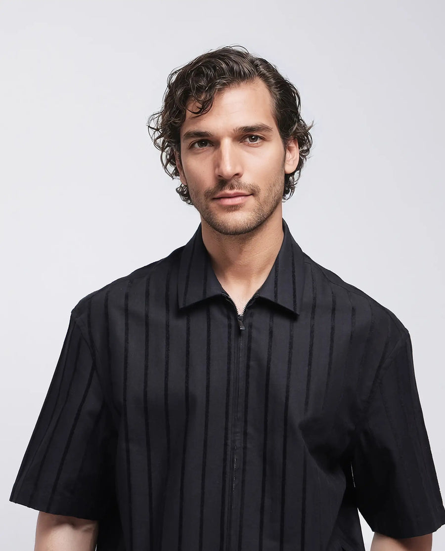 Rare Rabbit Men's Tenerz Black Cotton Striped Print Boxy Fit Half Sleeve Collared Shirt