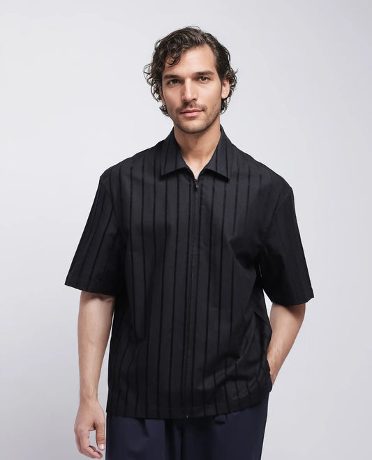Rare Rabbit Men's Tenerz Black Cotton Striped Print Boxy Fit Half Sleeve Collared Shirt