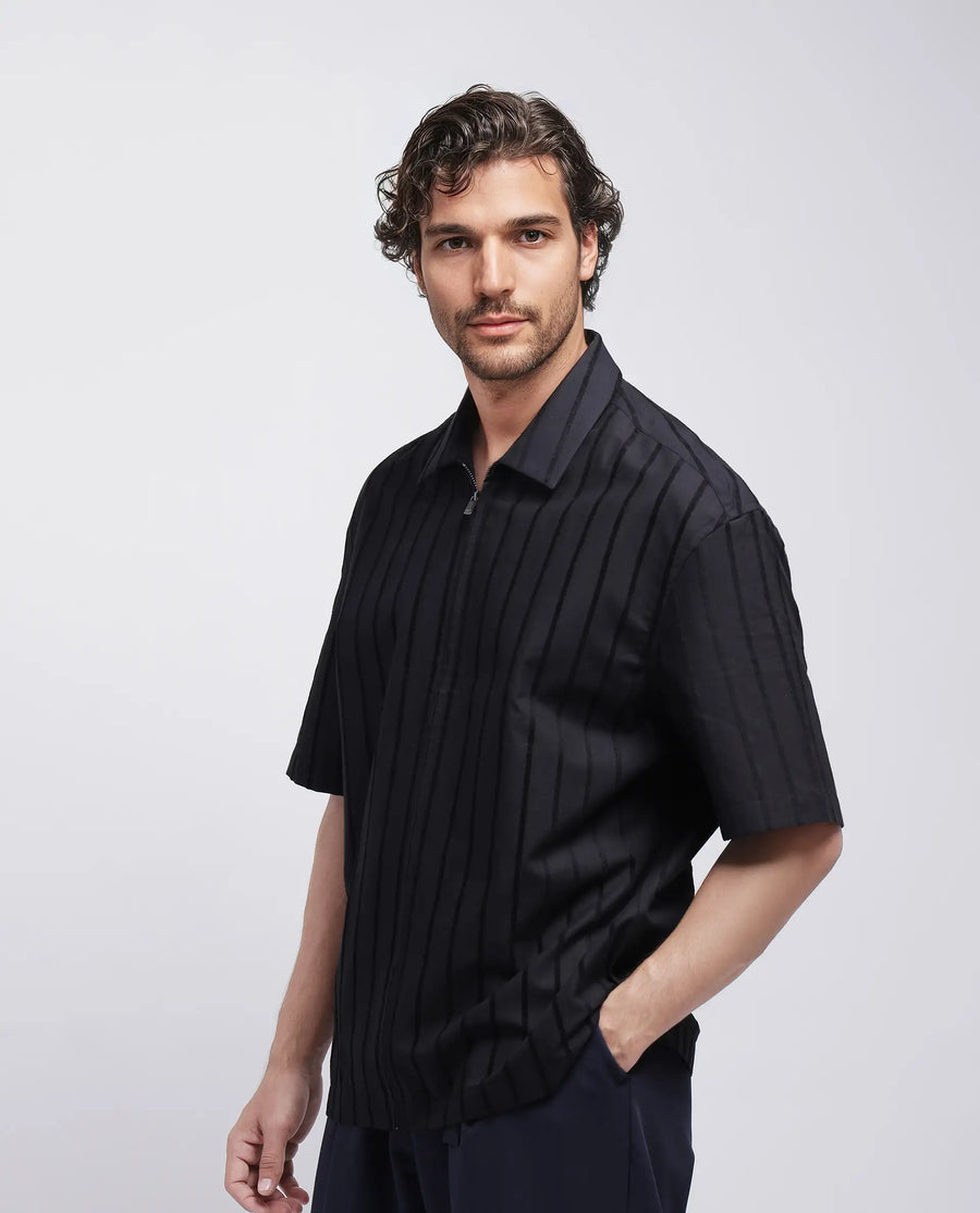 Rare Rabbit Men's Tenerz Black Cotton Striped Print Boxy Fit Half Sleeve Collared Shirt