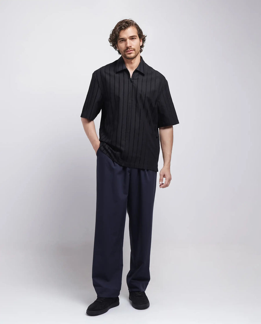 Rare Rabbit Men's Tenerz Black Cotton Striped Print Boxy Fit Half Sleeve Collared Shirt