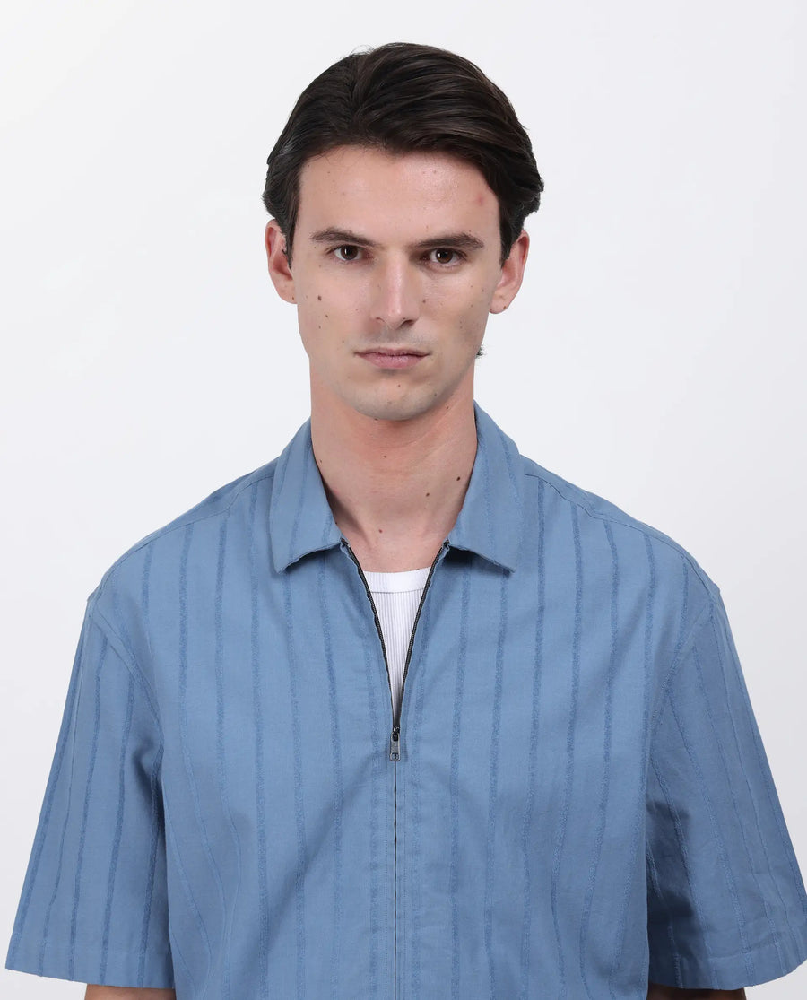 Rare Rabbit Men's Tenerz Dusky Blue Cotton Striped Print Boxy Fit Half Sleeve Collared Shirt