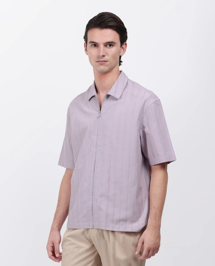 Rare Rabbit Men's Tenerz Dusky Purple Cotton Striped Print Boxy Fit Half Sleeve Collared Shirt