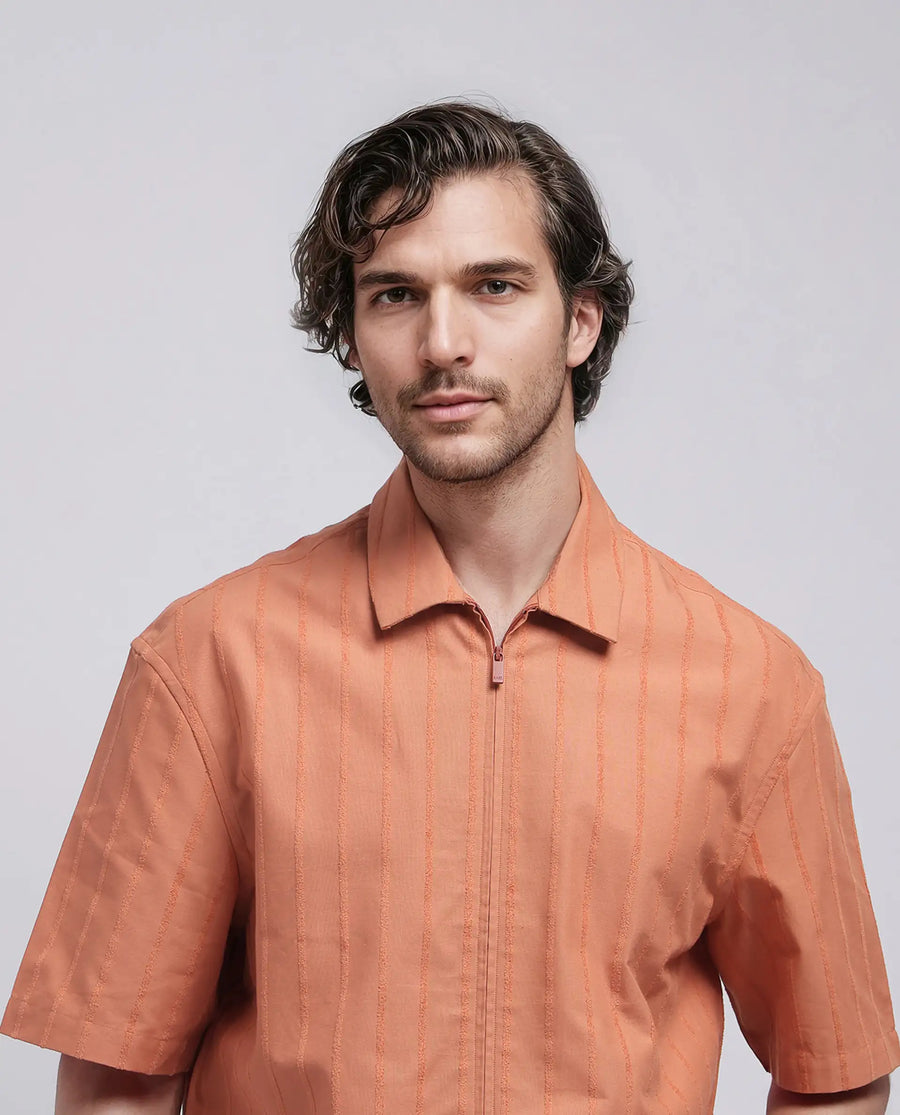 Rare Rabbit Men's Tenerz Rust Cotton Striped Print Boxy Fit Half Sleeve Collared Shirt