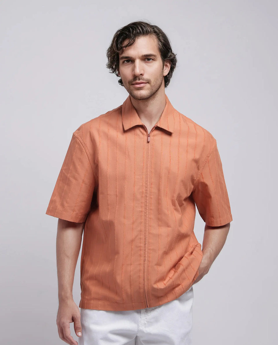 Rare Rabbit Men's Tenerz Rust Cotton Striped Print Boxy Fit Half Sleeve Collared Shirt