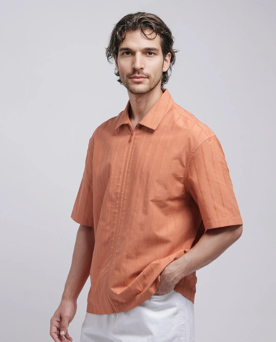 Rare Rabbit Men's Tenerz Rust Cotton Striped Print Boxy Fit Half Sleeve Collared Shirt