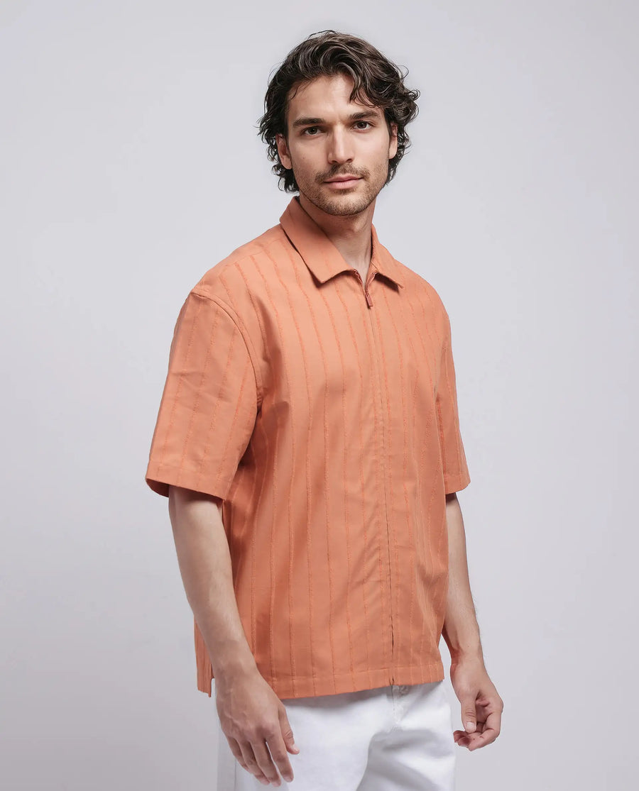Rare Rabbit Men's Tenerz Rust Cotton Striped Print Boxy Fit Half Sleeve Collared Shirt
