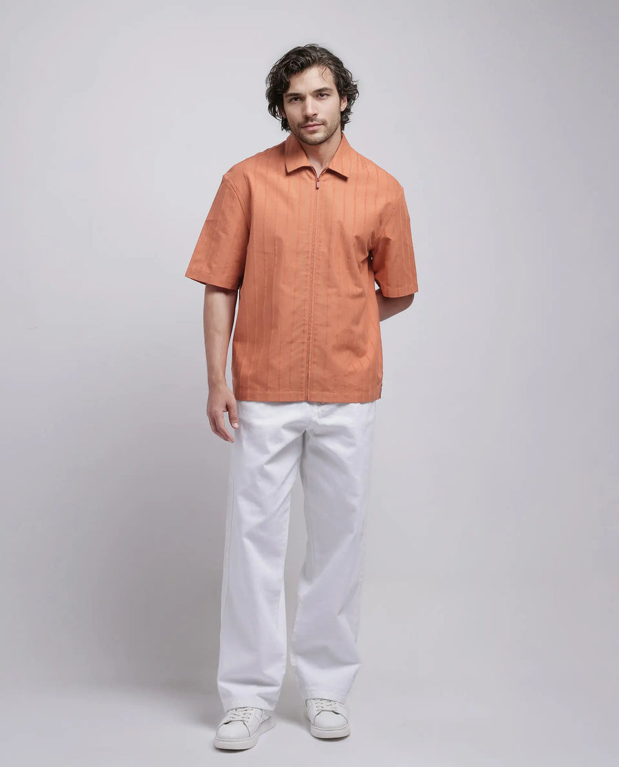 Rare Rabbit Men's Tenerz Rust Cotton Striped Print Boxy Fit Half Sleeve Collared Shirt