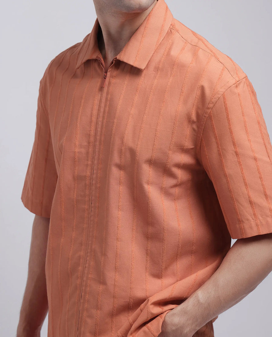 Rare Rabbit Men's Tenerz Rust Cotton Striped Print Boxy Fit Half Sleeve Collared Shirt
