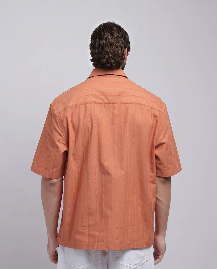 Rare Rabbit Men's Tenerz Rust Cotton Striped Print Boxy Fit Half Sleeve Collared Shirt