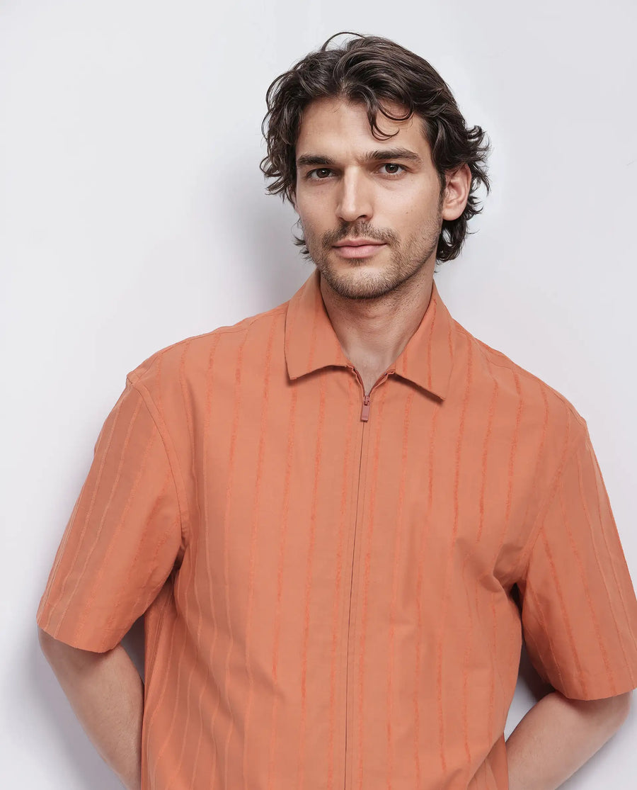 Rare Rabbit Men's Tenerz Rust Cotton Striped Print Boxy Fit Half Sleeve Collared Shirt