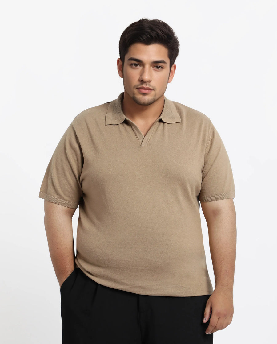 Rare Rabbit Men's Teny-L Khaki Cotton Blend Plain Plus Size Half Sleeve Polo