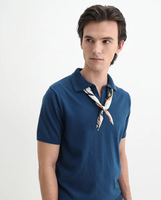 Rare Rabbit Men's Teny Dark Blue Cotton Blend Plain Regular Fit Half Sleeve Polo