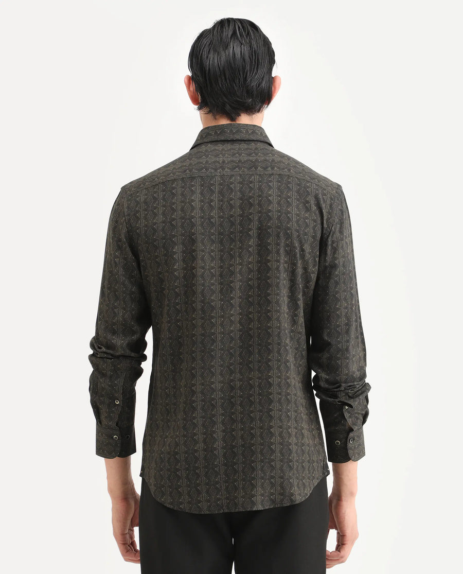 Rare Rabbit Men's Terk-L Black Viscose Fabric Full Sleeve Spread Collar Regular Fit Geometric Print Shirt