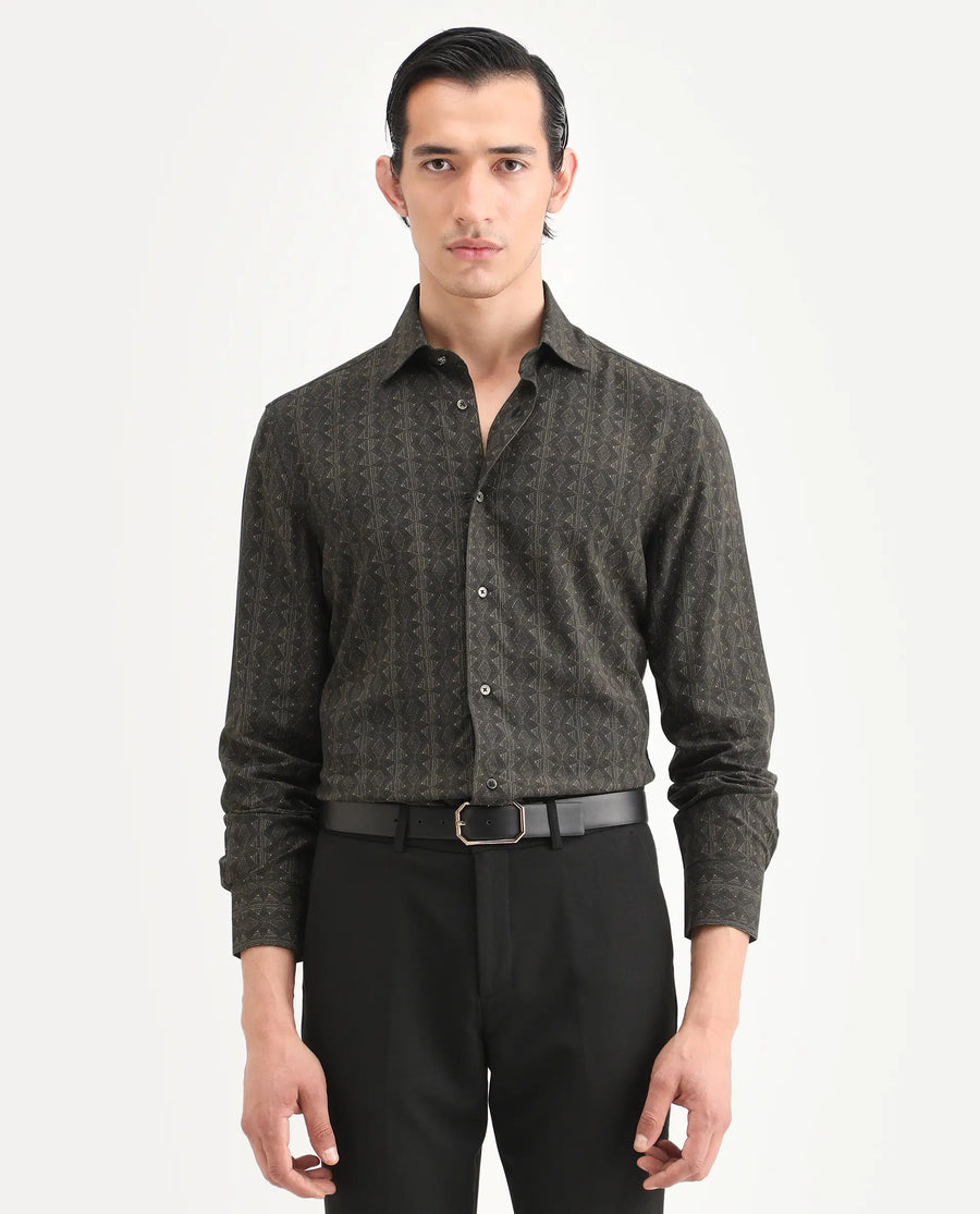 Rare Rabbit Men's Terk-L Black Viscose Fabric Full Sleeve Spread Collar Regular Fit Geometric Print Shirt