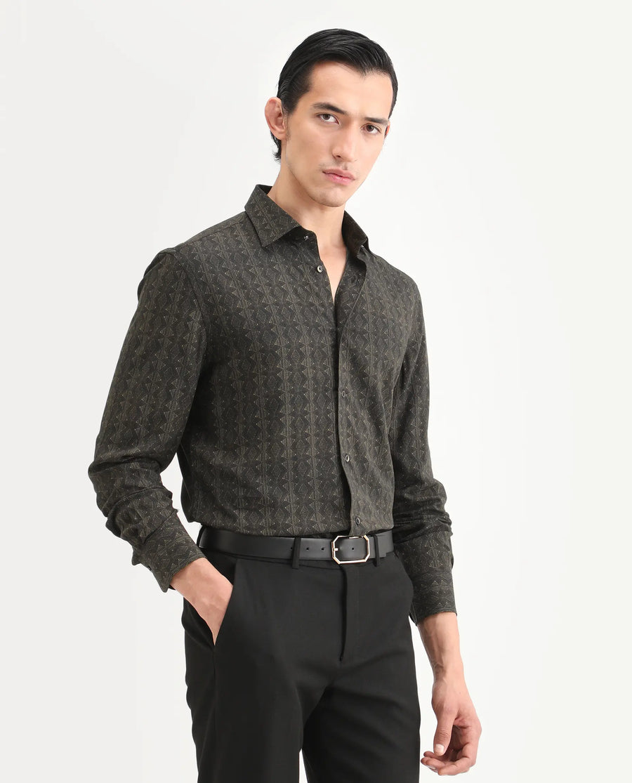 Rare Rabbit Men's Terk-L Black Viscose Fabric Full Sleeve Spread Collar Regular Fit Geometric Print Shirt