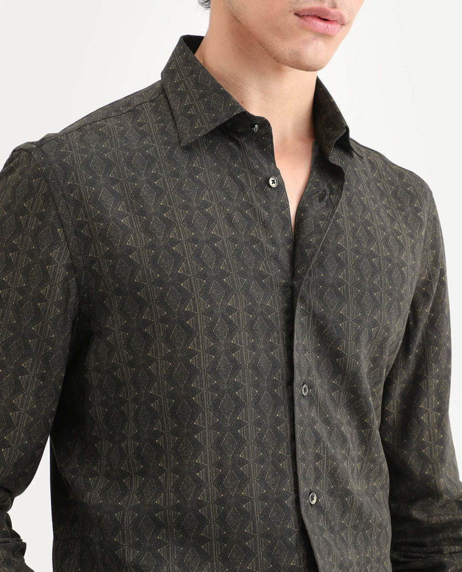Rare Rabbit Men's Terk-L Black Viscose Fabric Full Sleeve Spread Collar Regular Fit Geometric Print Shirt