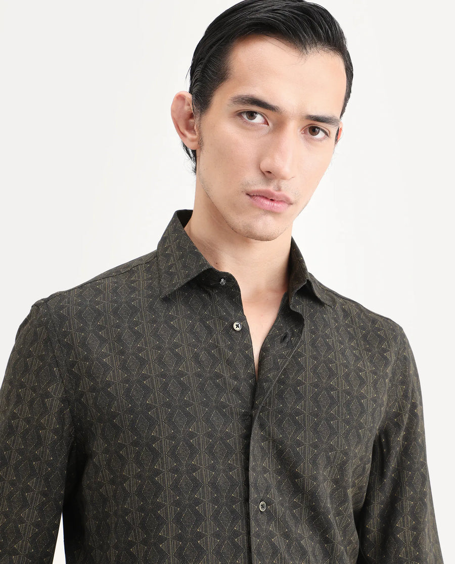 Rare Rabbit Men's Terk-L Black Viscose Fabric Full Sleeve Spread Collar Regular Fit Geometric Print Shirt