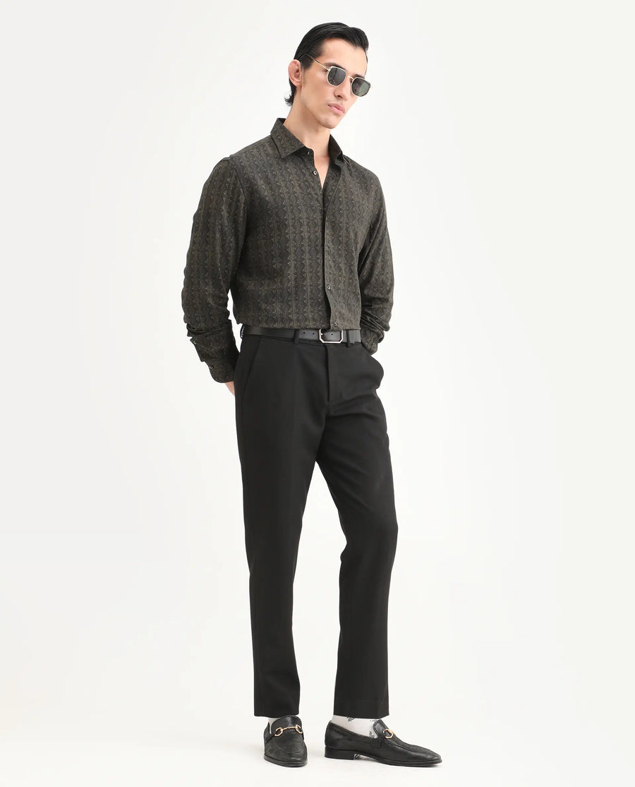 Rare Rabbit Men's Terk-L Black Viscose Fabric Full Sleeve Spread Collar Regular Fit Geometric Print Shirt