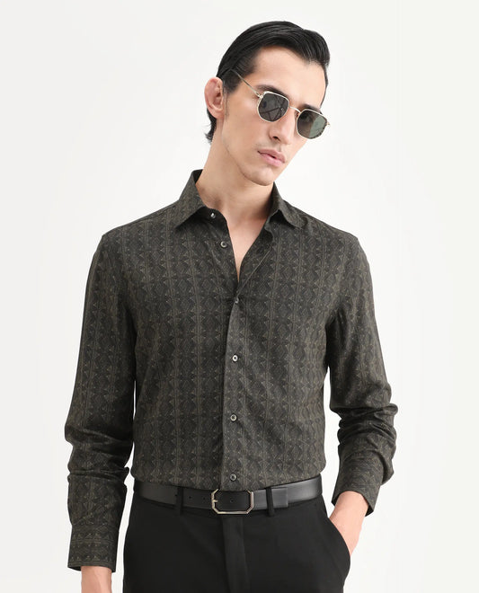 Rare Rabbit Men's Terk-L Black Viscose Fabric Full Sleeve Spread Collar Regular Fit Geometric Print Shirt